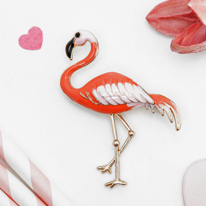 Брошь "Фламинго", цвет розово-оранжевый в золоте