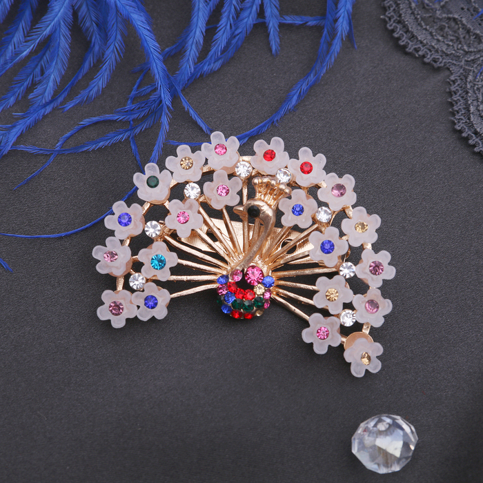 Брошь "Павлин" с цветочным хвостом, разноцветная в золоте