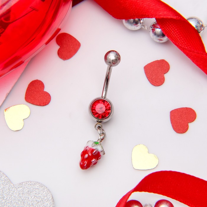 Пирсинг в пупок "Банан" земляничка, цвет красно-зеленый в серебре