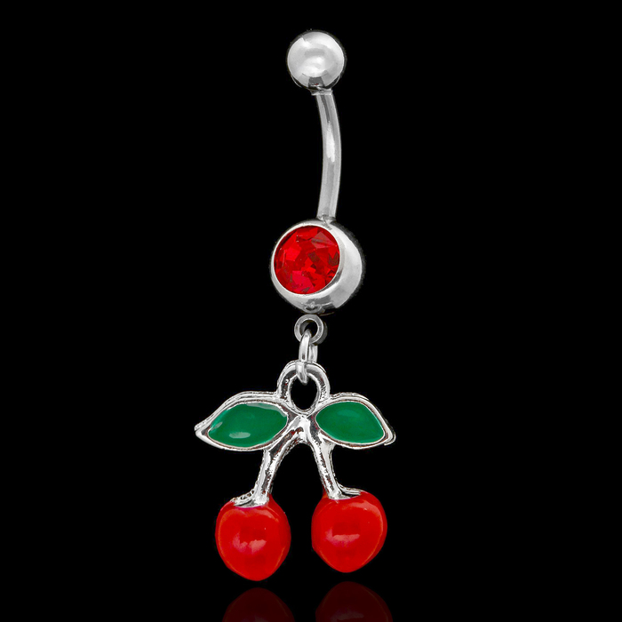 Пирсинг в пупок "Банан" вишенки, цвет красно-зеленый в серебре