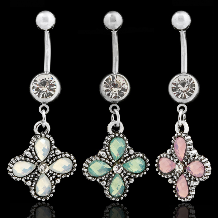 Пирсинг в пупок "Банан" цветок блестящий, цвет МИКС в серебре