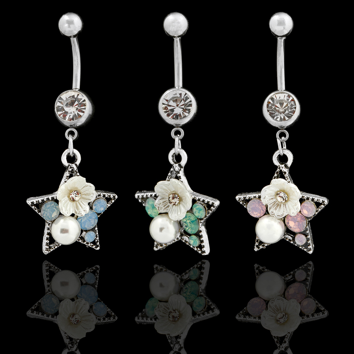 Пирсинг в пупок "Банан" звезда с цветочком, цвет МИКС в серебре