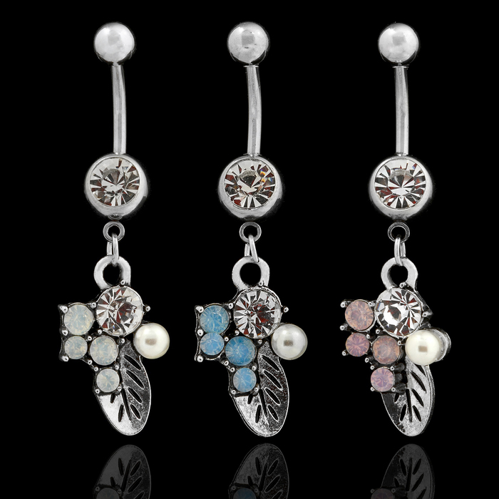 Пирсинг в пупок "Банан" листочек со стразами, цвет МИКС в серебре