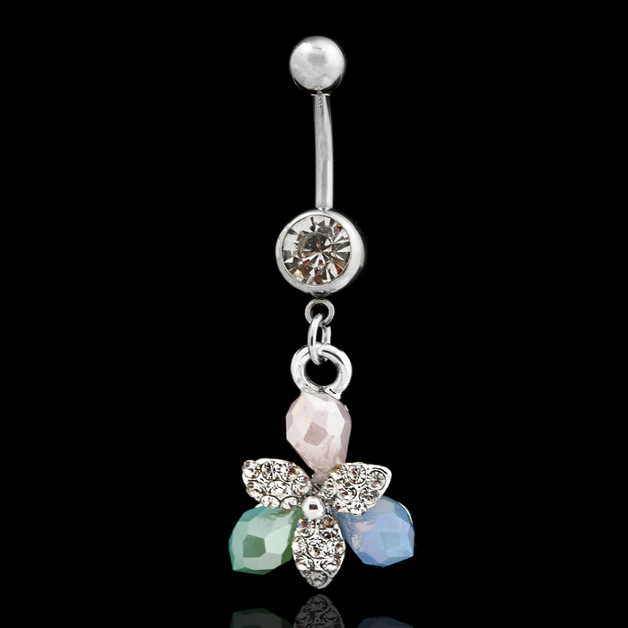 Пирсинг в пупок "Банан" трилистник со стразами, цветной в серебре