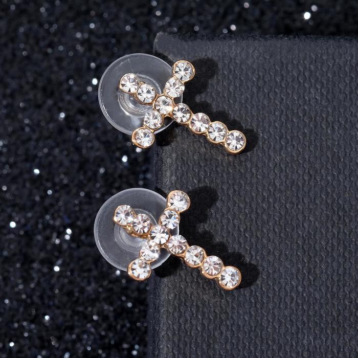 Серьги со стразами "Крестик", цвет белый в розовом золоте