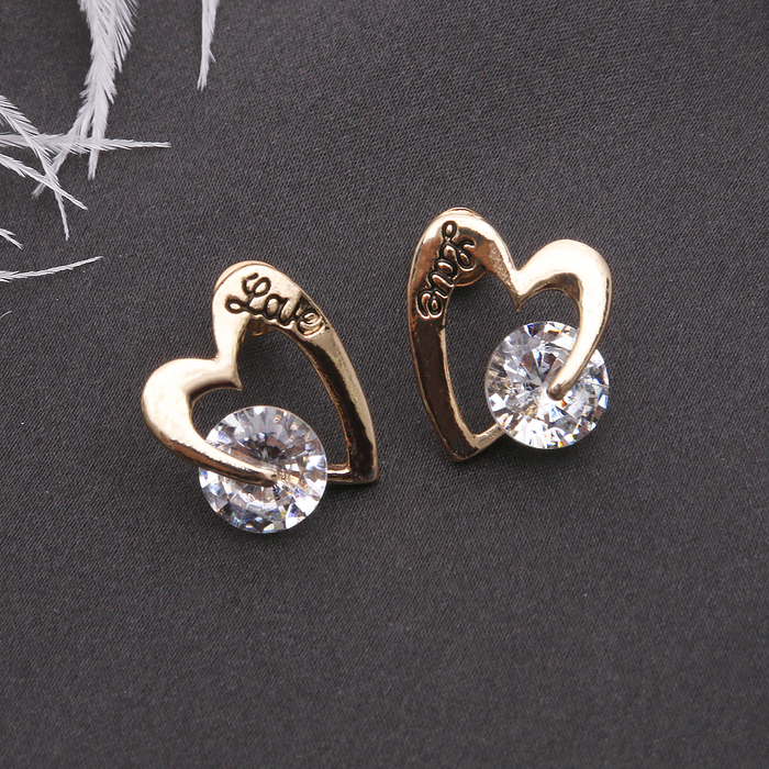 Серьги со стразами "Сердце" с кристаллом, цвет белый в золоте