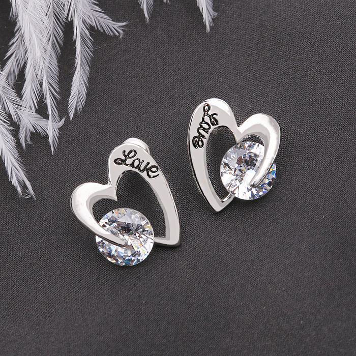 Серьги со стразами "Сердце" с кристаллом, цвет белый в серебре