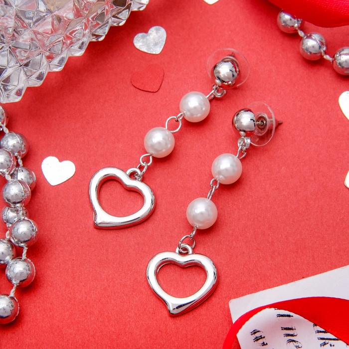 Серьги с жемчугом "Сердце" с бусинами, цвет белый в серебре