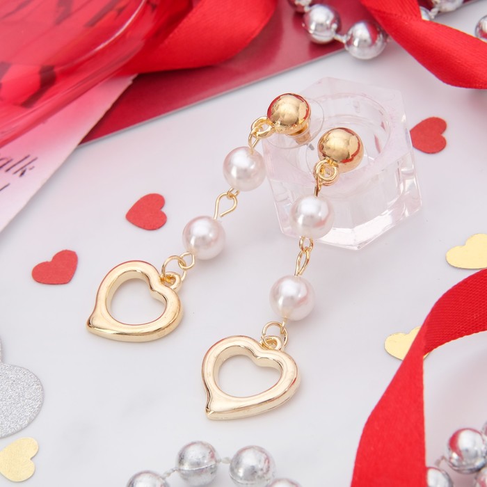 Серьги с жемчугом "Сердце" с бусинами, цвет белый в золоте