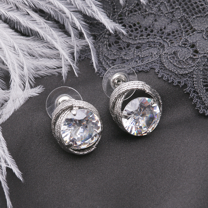 Серьги "Циркон" круг классика, цвет белый в серебре