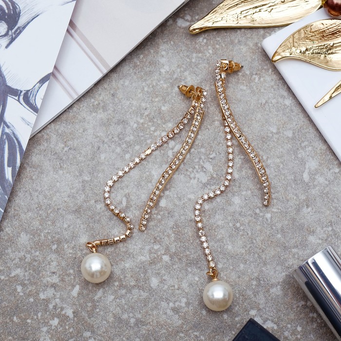 Серьги с жемчугом "Дорожка" волна с бусиной, цвет белый в золоте