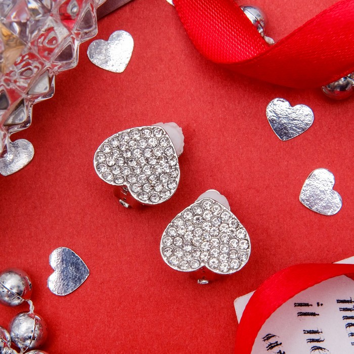 Клипсы "Сердце" малое, цвет белый в серебре