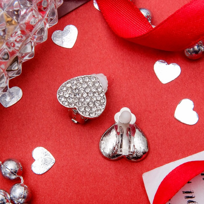 Клипсы "Сердце" малое, цвет белый в серебре