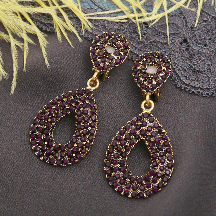 Клипсы "Капля" двойная, миледи, цвет розовый в чернёном золоте