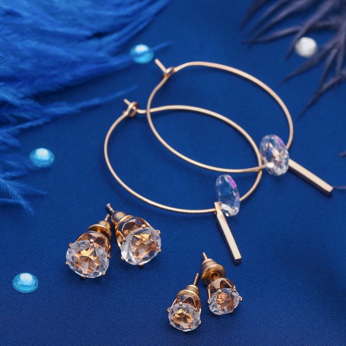 Пусеты 3 пары "Кольца" с подвеской, цвет белый в золоте