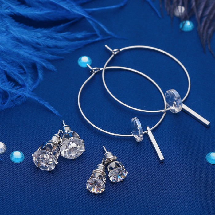 Пусеты 3 пары "Кольца" с подвеской, цвет белый в серебре