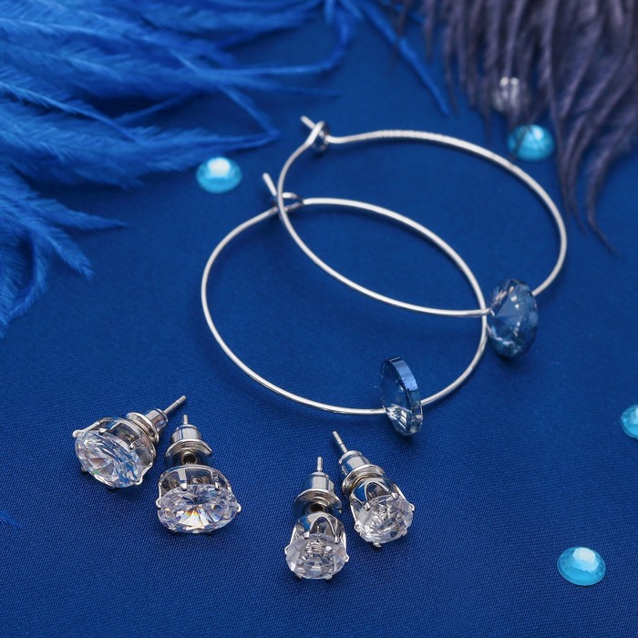 Пусеты 3 пары "Кольца" овал, цвет бело-синий в серебре