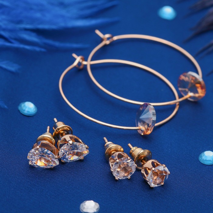 Пусеты 3 пары "Кольца" капля, цвет бело-золотой