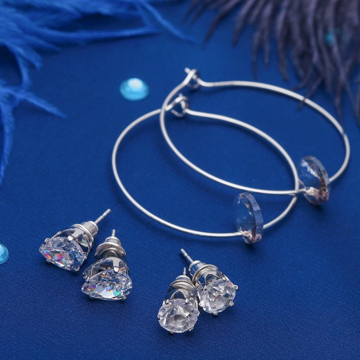 Пусеты 3 пары "Кольца" капля, цвет бело-серый в серебре