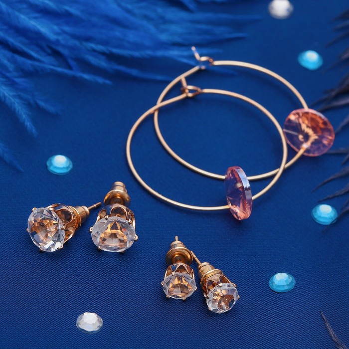 Пусеты 3 пары "Кольца" с кристаллом, цвет бело-розовый в золоте