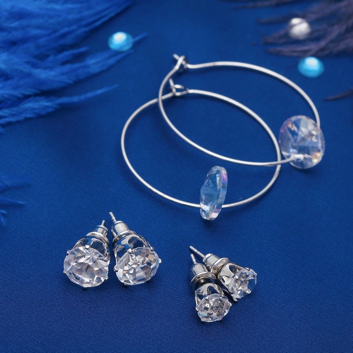 Пусеты 3 пары "Кольца" с кристаллом, цвет белый в серебре