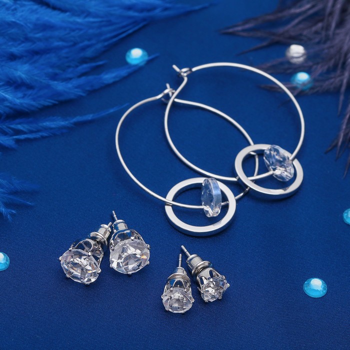 Пусеты 3 пары "Кольца" с подвесками, цвет белый в серебре