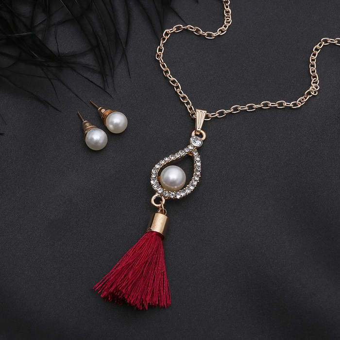 Гарнитур 2 предмета: серьги кулон "Кисть" капля, цвет бело-бордовый в золоте, 50см