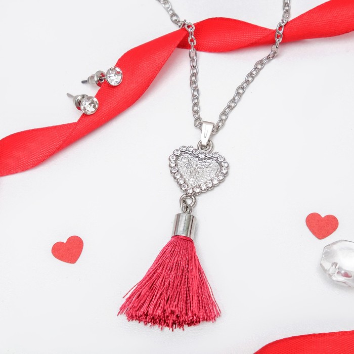 Гарнитур 2 предмета: серьги кулон "Кисть" сердце, цвет бело-бордовый в серебре, 50см