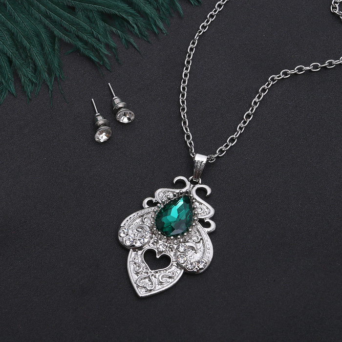 Гарнитур 2 предмета: серьги кулон "Ажур" вивальди, цвет бело-зелёный в серебре, 50 см