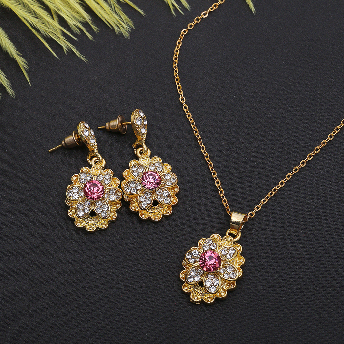 Гарнитур 2 предмета: серьги кулон "Арабика" ажур, цвет розовый в золоте, 42см