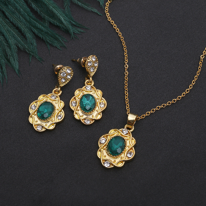 Гарнитур 2 предмета: серьги кулон "Арабика" овал, цвет бело-зелёный в золоте, 42 см