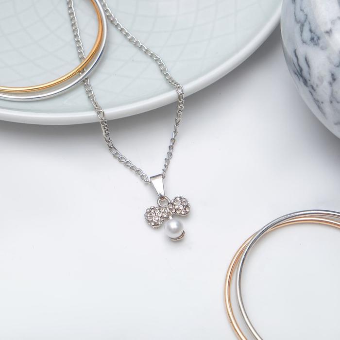 Кулон "Бусина" с бантиком, цвет белый в серебре, 45см