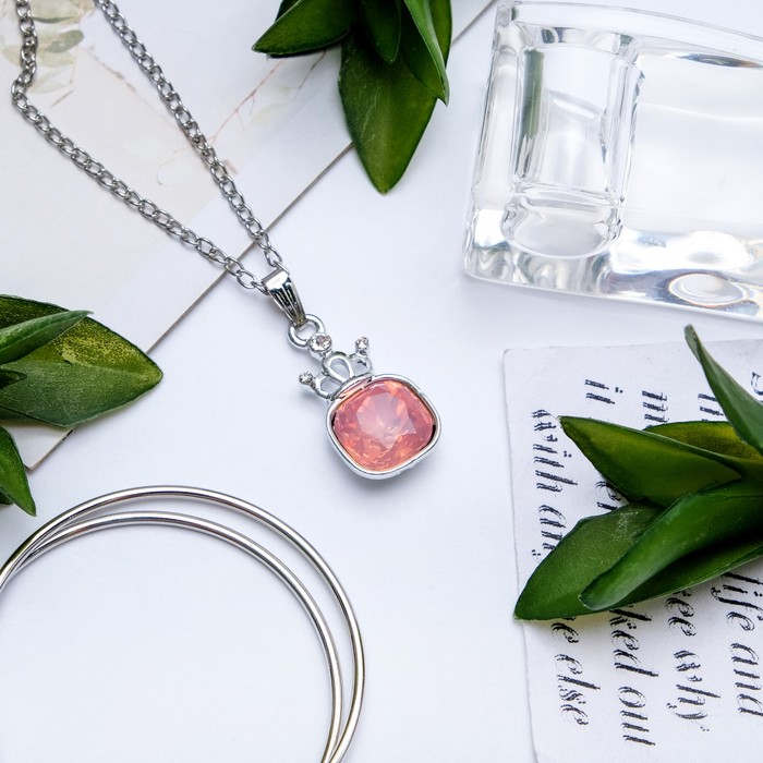 Кулон "Корона" квадрат, цвет розовый в серебре, 50см