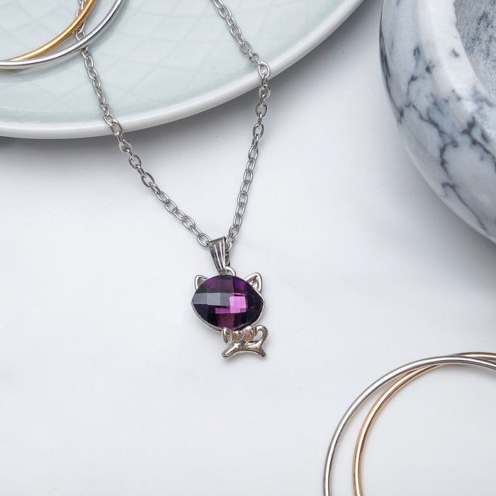 Кулон "Котик" в бабочке, цвет фиолетовый в серебре, 50см