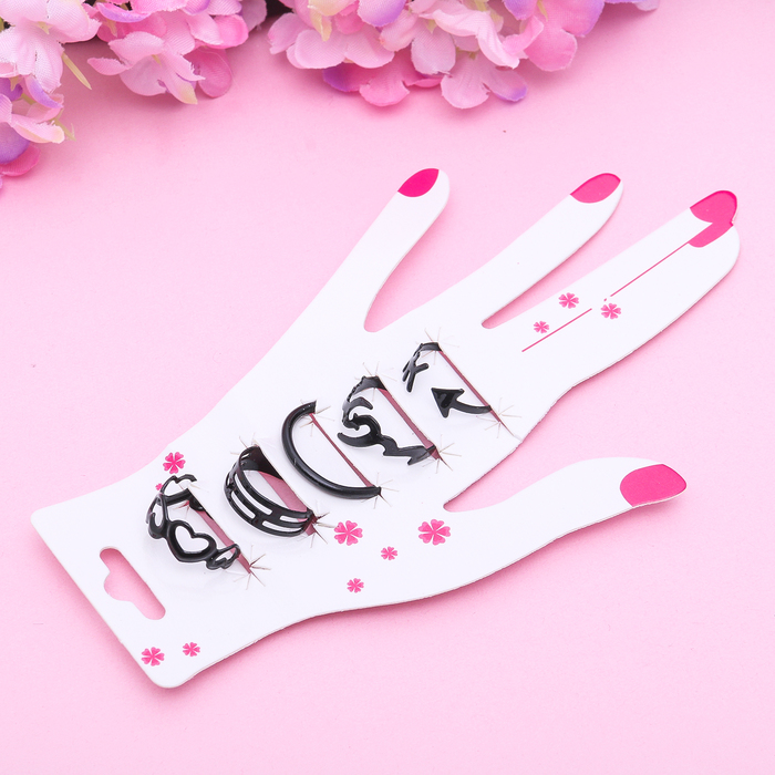 Кольцо на фалангу набор 5 штук "Ассорти", цвет чёрный, размер 14,15,16 МИКС