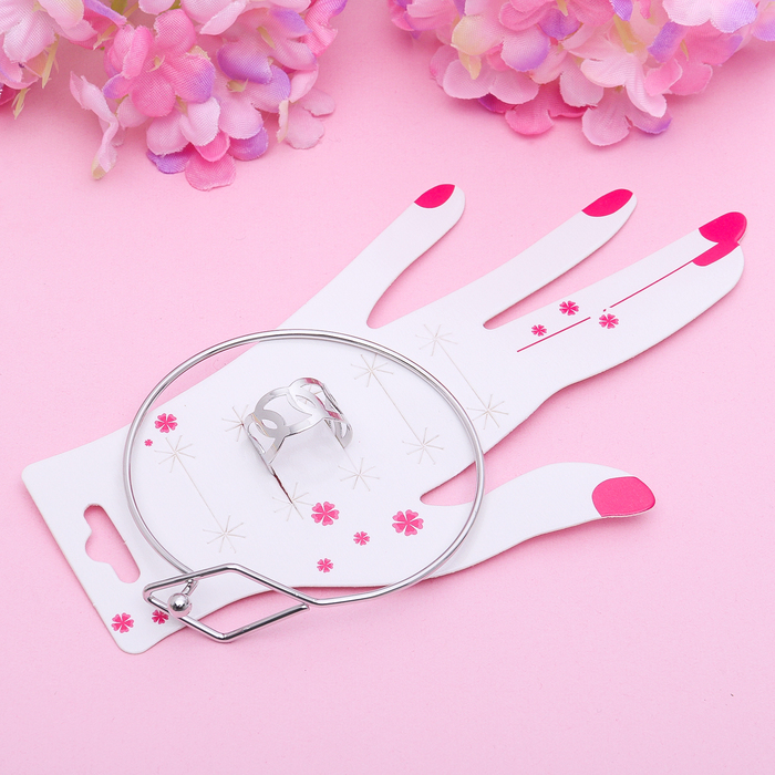 Набор 2 предмета: браслет, кольцо "Мини" ромб, цвет серебро, безразмерное