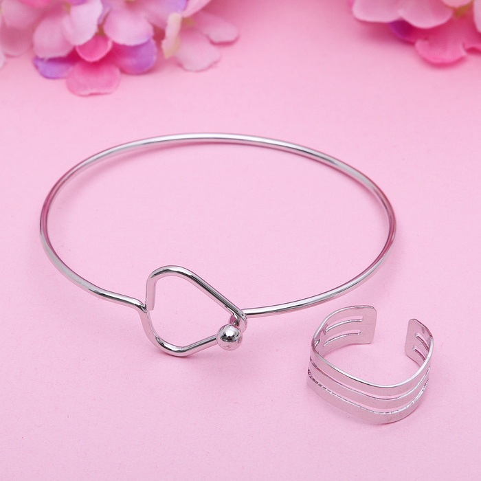 Набор 2 предмета: браслет, кольцо "Мини" зигзаг, цвет серебро, безразмерное