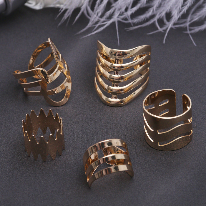 Кольцо набор 5 штук "Ассорти" волна, цвет золото, безразмерные