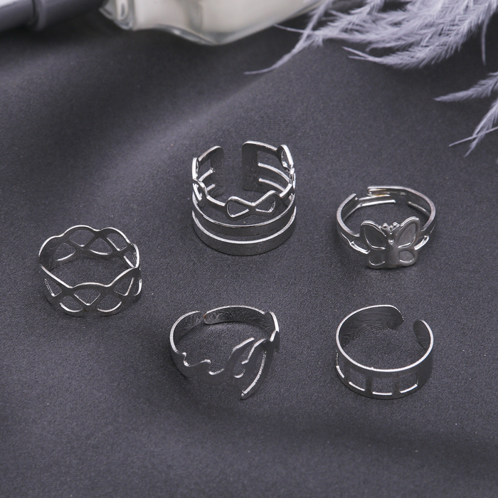 Кольцо набор 5 штук "Ассорти" узор, бабочка, цвет серебро, безразмерные