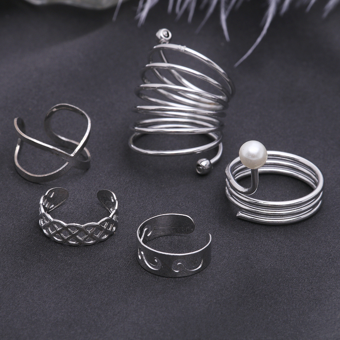 Кольцо набор 5 штук "Ассорти" бусины, цвет белый в серебре, безразмерные