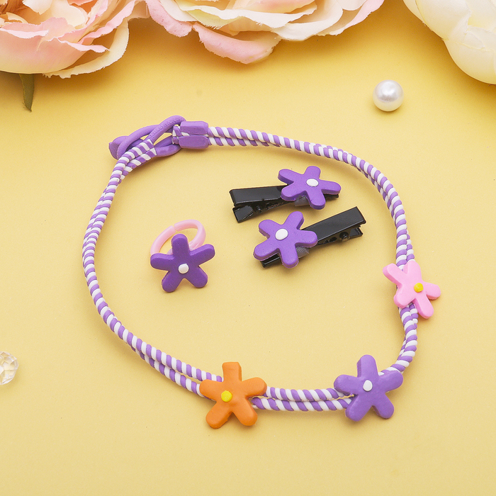 Комплект детский "Выбражулька" 4 предмета: 2 заколки, чокер, кольцо, цветочки, цвет МИКС