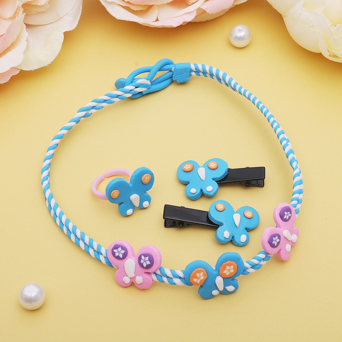 Комплект детский "Выбражулька" 4 предмета: 2 заколки, чокер, кольцо, бабочки, цвет МИКС