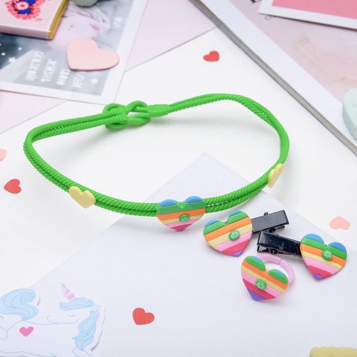 Комплект детский "Выбражулька" 4 предмета: 2 заколки, чокер, кольцо, сердечки, цвет МИКС