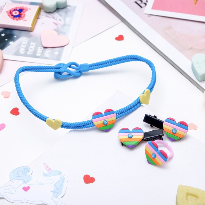 Комплект детский "Выбражулька" 4 предмета: 2 заколки, чокер, кольцо, сердечки, цвет МИКС