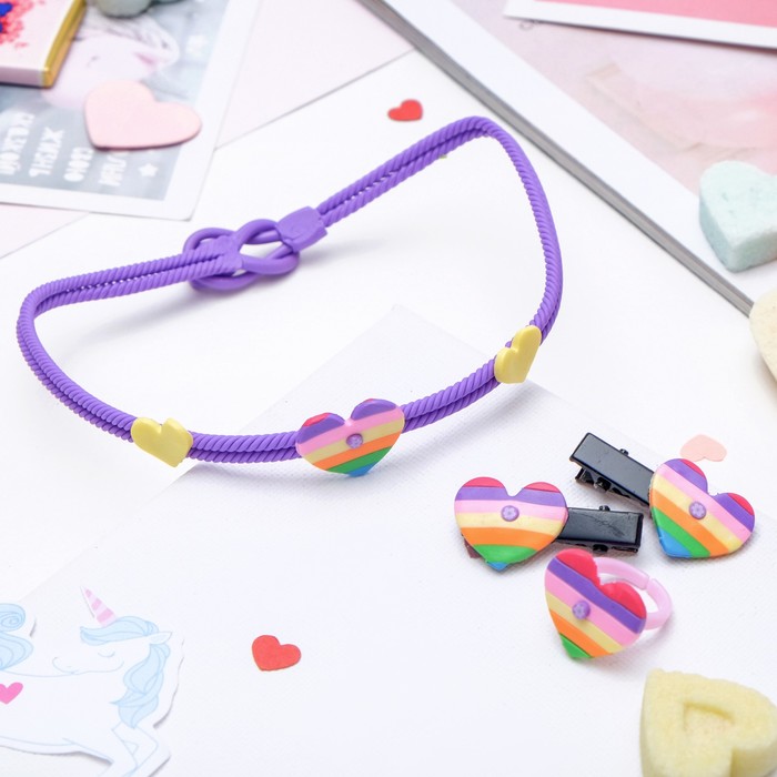 Комплект детский "Выбражулька" 4 предмета: 2 заколки, чокер, кольцо, сердечки, цвет МИКС