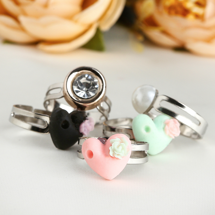 Кольца детские "Ассорти" сердечки со стразами, форма МИКС, цвет МИКС