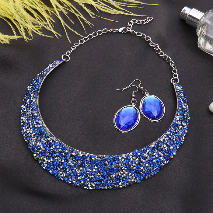 Набор 2 предмета: серьги, колье "Шанталь", цвет синий в серебре