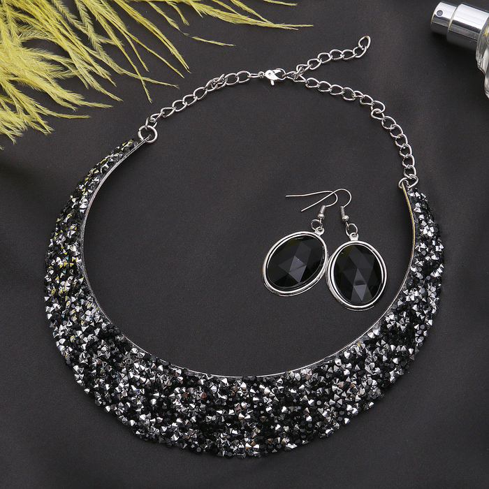 Набор 2 предмета: серьги, колье "Шанталь", цвет чёрно-белый в серебре
