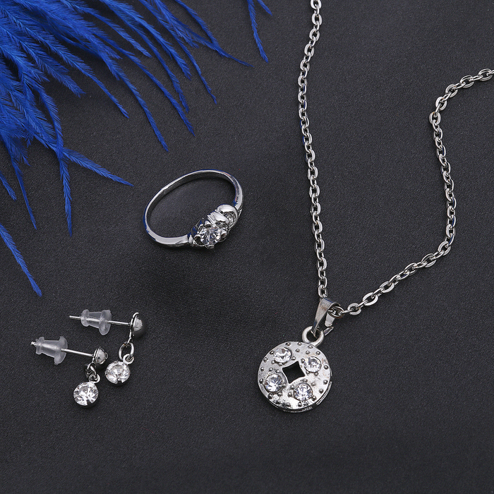 Гарнитур 3 предмета: серьги, кулон, кольцо размер МИКС 16-18 "Круг", цвет белый в серебре, 40см