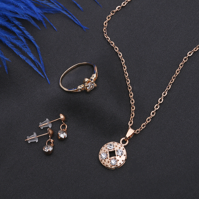 Гарнитур 3 предмета: серьги, кулон, кольцо размер МИКС 16-18 "Круг", цвет белый в золоте, 40см